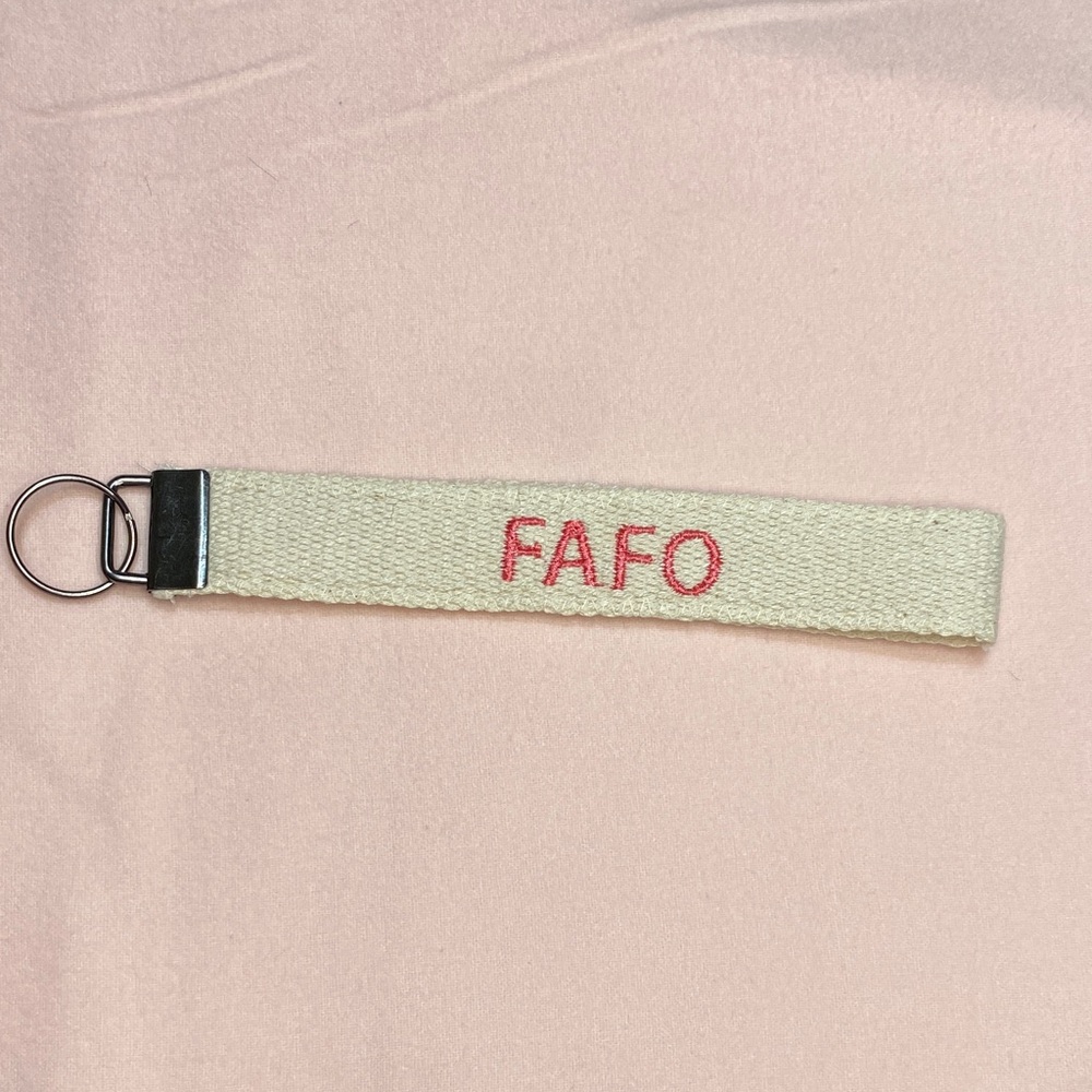 Handmade FAFO Embroidered Key Fob Keychain | Beige | 7"